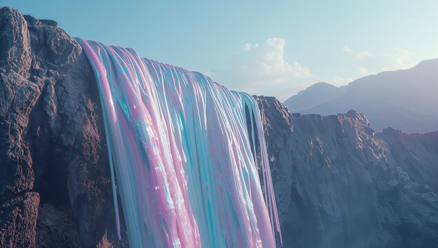 Flowing pastel pink blue waterfall cascading over cliff at canyon, with distant ridges and clouds