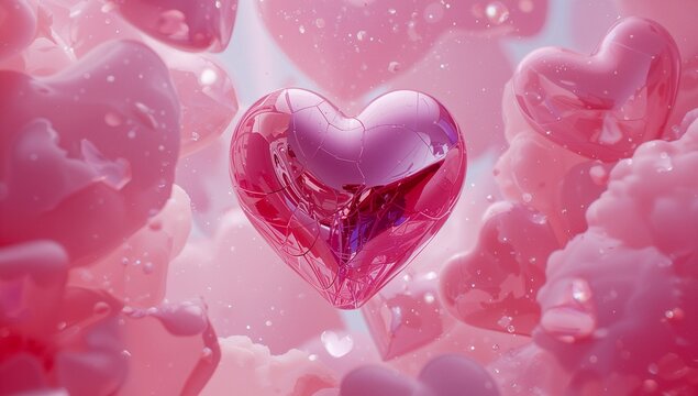 Floating metallic heart shining in dreamy pink scene, matte hearts, cloud puffs, droplets