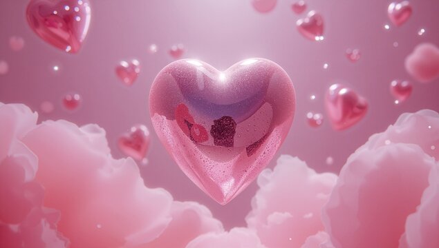 Big pink heart-shaped balloon floating in fluffy cloudscape, with sparkles, smaller heart balloons