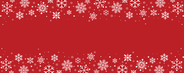 Horizontal banner with pale white snowflakes and stars framing a red background. Elegant, simple vector design ideal for winter holiday headers, footers, and announcements.