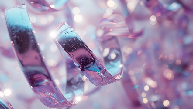 Coiled translucent ribbon winding in digital abstract art, with water droplets and bokeh spheres - Powered by Adobe
