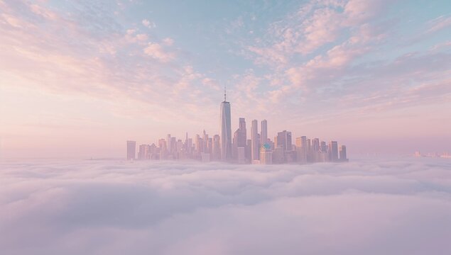 Emerging skyscrapers and central spire rising over city sea of clouds, with sunrise-lit formations