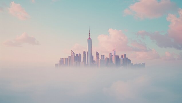 Floating cluster of skyscrapers glowing above dense cloud layer, with central spire tower