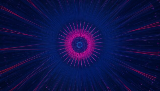 Displaying neon pink and blue radial spiky circle on digital canvas, with pulsating burst pattern