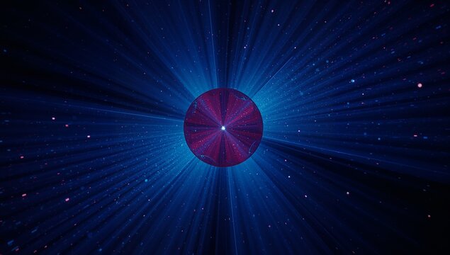 Emitting red circle radiating central light in digital space, with blue beams and glowing particles - Powered by Adobe