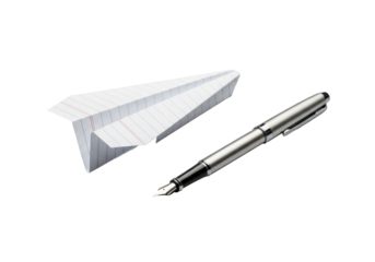 White lined paper airplane and silver fountain pen parallel, on transparent surface, high key studio lighting. Concept of precision and minimalist design