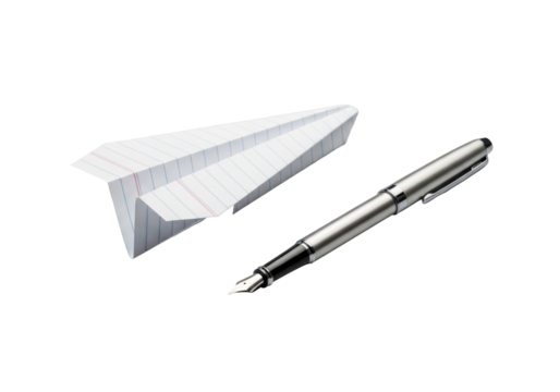 White lined paper airplane and silver fountain pen parallel, on transparent surface, high key studio lighting. Concept of precision and minimalist design