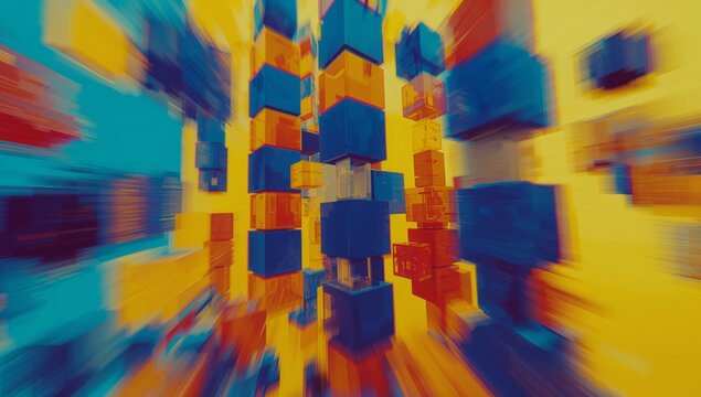 Floating blue red yellow stacked cubes swirling in virtual space, with radial motion blur effect