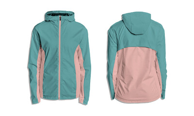 Stylish teal and pink lightweight hooded jacket for active lifestyle and modern fashion trends shown front back © resource image
