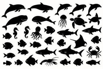 Naklejka premium Silhouettes of marine life: dolphins, sharks, and aquatic creatures compilation