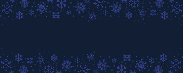 Horizontal banner with light blue snowflakes and stars framing a blue background. Elegant, simple vector design ideal for winter holiday headers, footers, and announcements.