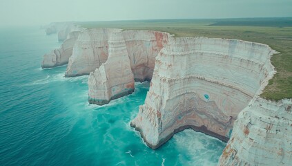 Flying drone capturing stratified chalk cliffs with breaking turquoise waves and grassy plateau