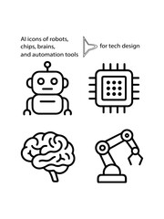 Line-style AI icons of robots, chips, brains, and automation tools for tech design.