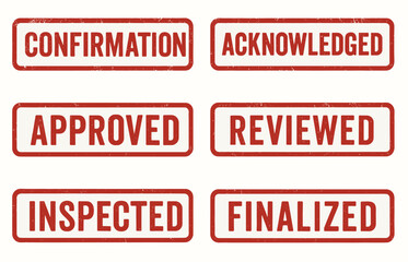 Red grunge stamp collection: confirmation, acknowledged, approved, reviewed, inspected, finalized