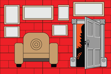 A cozy room with a red brick wall, an armchair, and a door leading to a mysterious, silhouetted landscape