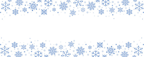 Horizontal banner with pale sky blue snowflakes and stars framing a white background. Elegant, simple vector design ideal for winter holiday headers, footers, and announcements.