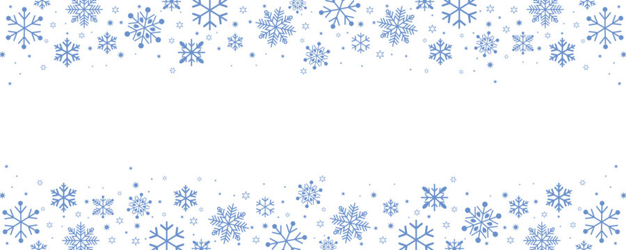 Horizontal banner with pale sky blue snowflakes and stars framing a white background. Elegant, simple vector design ideal for winter holiday headers, footers, and announcements.