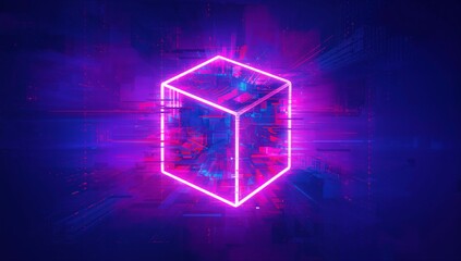 Floating neon wireframe cube pulsing in dark digital space, with glitch fragments and light streaks
