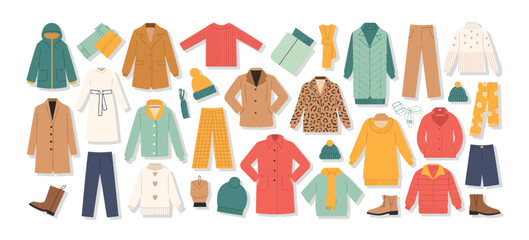 Winter Clothes Vector. Coats, Hats, Gloves, Shoes, and Socks Illustration for Cold Weather Fashion and Seasonal Design Projects