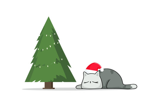 Cute Lazy Cat Sleeping Next to Christmas Tree Wearing a Santa Hat