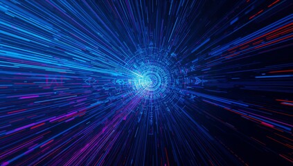 Central digital interface emitting neon-blue, purple and red streaks in data tunnel, with grids