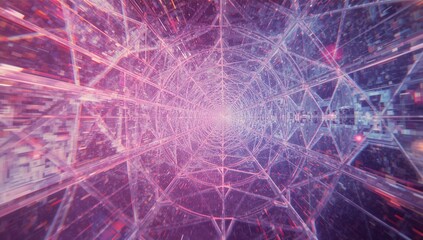 Glowing wireframe tunnel spanning virtual network, with pixel bits and luminous node intersections