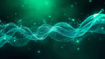 Flowing glowing teal wave mesh moving across digital space, with floating particles and sparkles