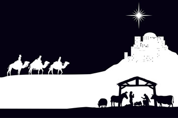 Naklejka premium Christmas Nativity Scene Bethlehem Manger Wise Men