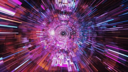 Central hub rotating in digital space, with concentric rings, radiating bars and pixel fragments