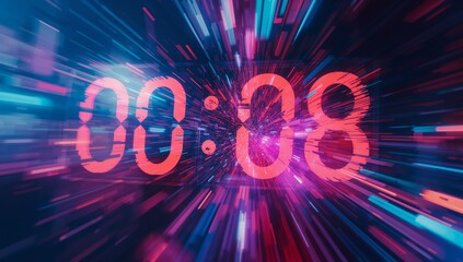 Floating glitch-effect timer showing 00:08 in cyberspace, with neon streaks and pixel fragments