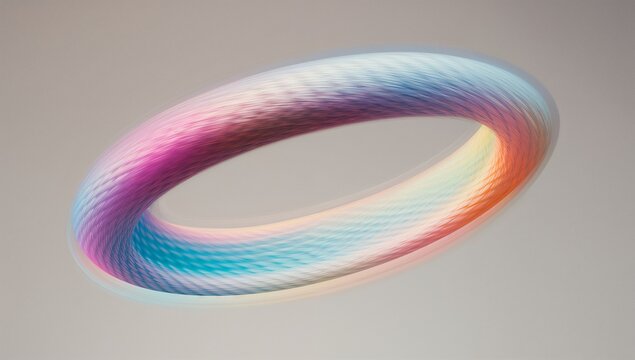 Floating gradient ridged torus rotating against gray studio backdrop, with motion blur