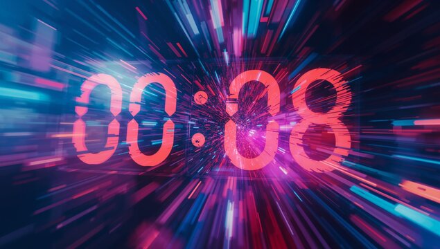 Floating glitch-effect timer showing 00:08 in cyberspace, with neon streaks and pixel fragments