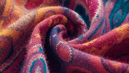 Featuring central swirl of multicolored knitted textile on flat surface, showing yarn fibers