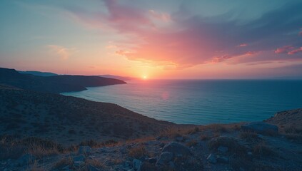 Obraz premium Emitting sinking sun illuminating sea and cliff, rocky hillside, dry grasses, distant headlands