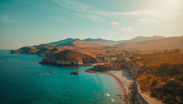 Displaying curved sandy cove lapping turquoise waves at coastal cliffs, with red-tiled houses