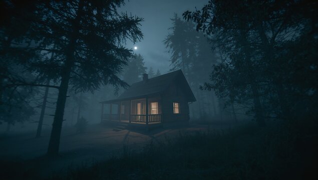 Glowing wooden cabin standing in pine forest clearing at night, with lit windows and moonlit fog