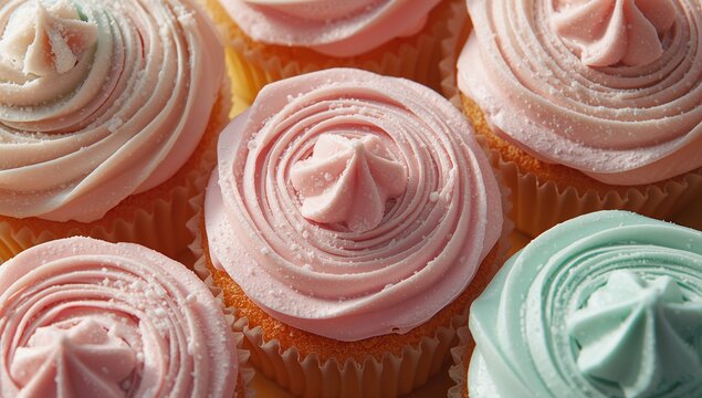 Displaying frosted cupcakes on bakery counter, with pastel buttercream frosting and sugar crystals - Powered by Adobe