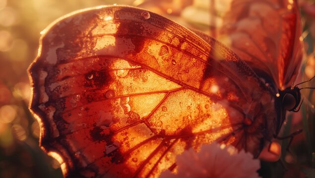 Displaying dewy orange butterfly wing in garden, with water droplets and flower petal - Powered by Adobe
