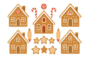 Festive collection of traditional gingerbread houses and holiday baking decorations on white background