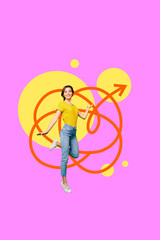 Collage of funny person navigating tangled lines symbolizing confusion challenge complexity business mental struggle