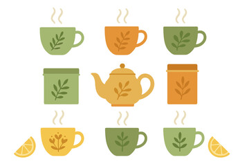 Cozy collection of steaming teacups, teapot, and tea canisters with herbal leaf patterns and fresh lemon slices