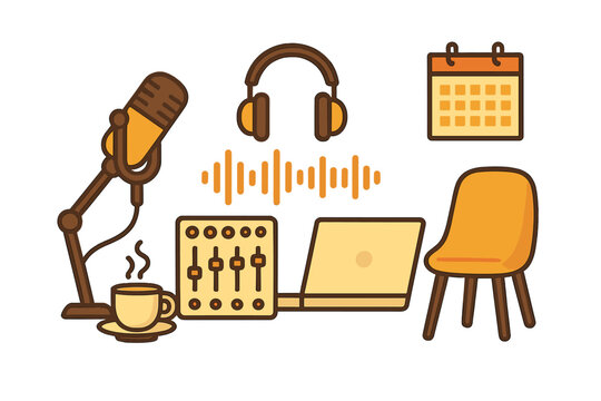 Professional podcast recording setup with microphone, headphones, audio mixer, laptop, and calendar