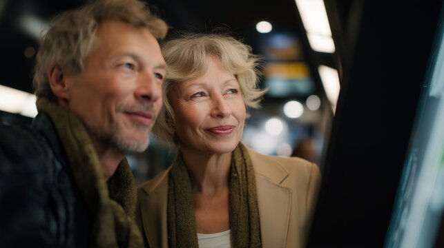 Senior couple comparing biometric data on large digital display, emotion of curiosity visible, representing aging technology, continuous monitoring, and medical wearables in everyday life. - Powered by Adobe