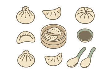 Traditional Chinese dim sum collection with steamed dumplings, bao, jiaozi, and dipping sauce