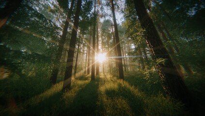 Fototapeta premium Basking pine trunks soaking up morning light in forest clearing, with sunbeams and lens flare