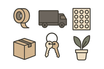 Set of essential items for home moving and relocation including delivery truck, sealed box, packing tape, and house keys