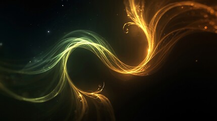 Abstract glowing energy waves in golden and green light with flowing motion and luminous particles — dynamic futuristic digital art background symbolizing power, creativity, and transformation