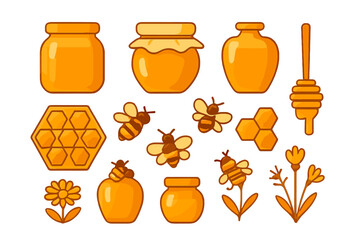 Natural golden honey elements set with jars, busy bees, dipper, and floral components