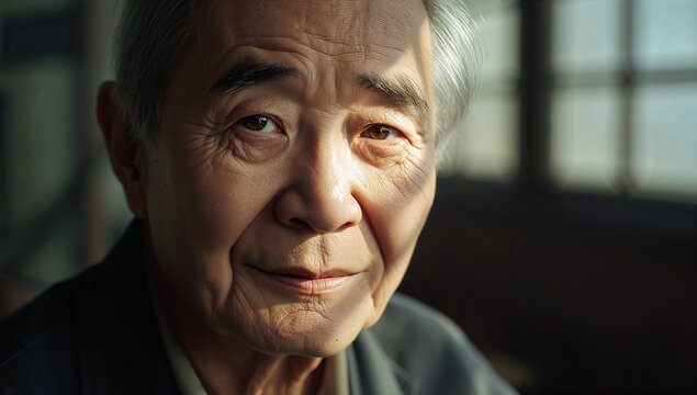 Gazing senior Asian man wearing dark jacket, contemplating sunlight through window in quiet room