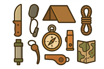 Essential survival and camping gear set featuring compass knife tent and map
